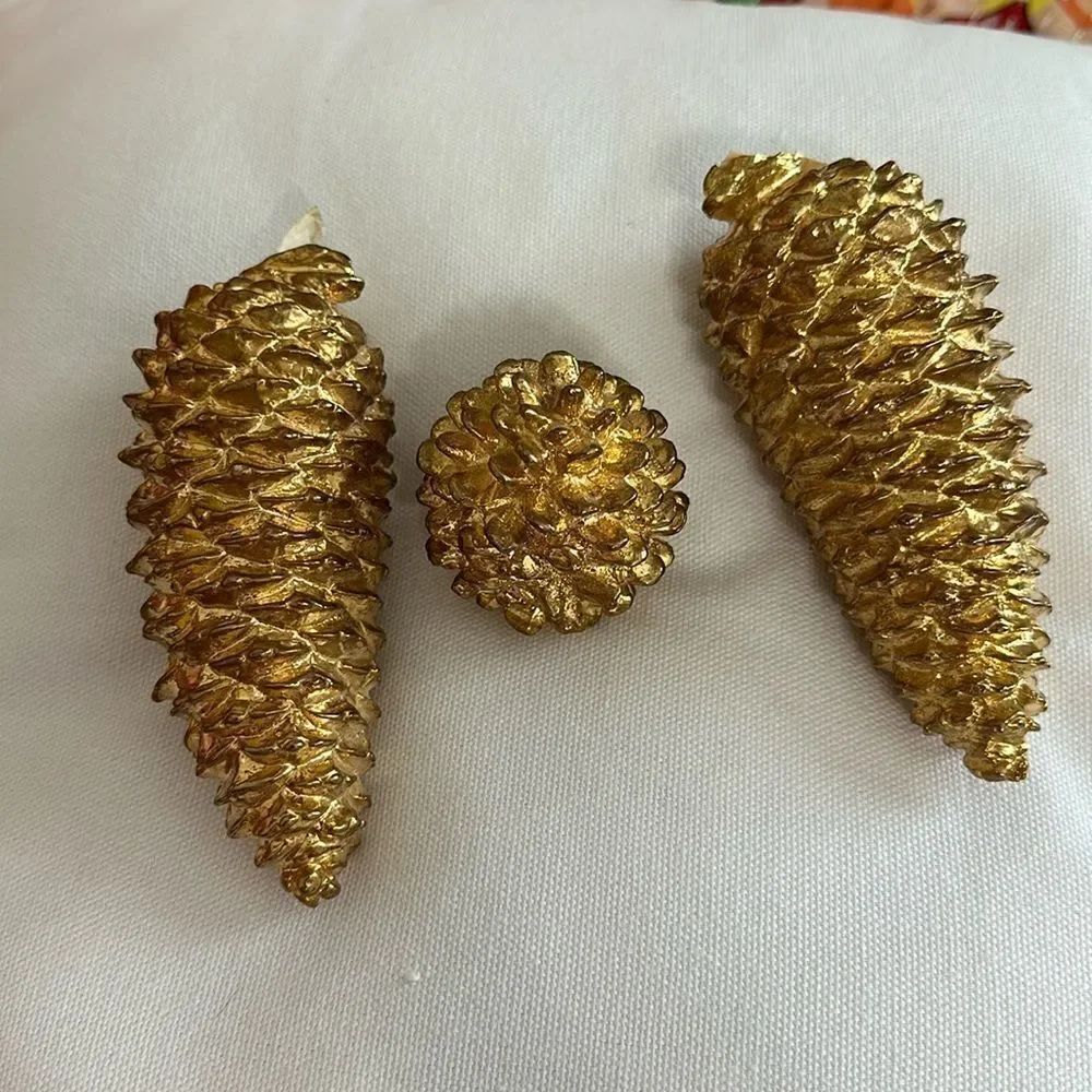🎄VTG Department 56 Gold Tone Metal Pine Cones Christmas Decor Set of 3 Heavy